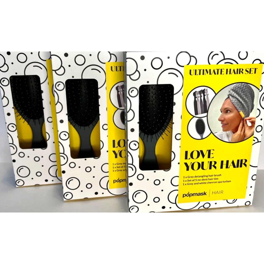 Popmask Ultimate Hair Set Detangling gray Hair‎ Brush &  Ties turban lot of 3